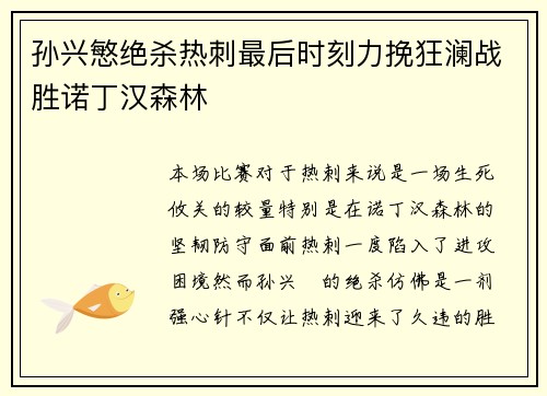 孙兴慜绝杀热刺最后时刻力挽狂澜战胜诺丁汉森林